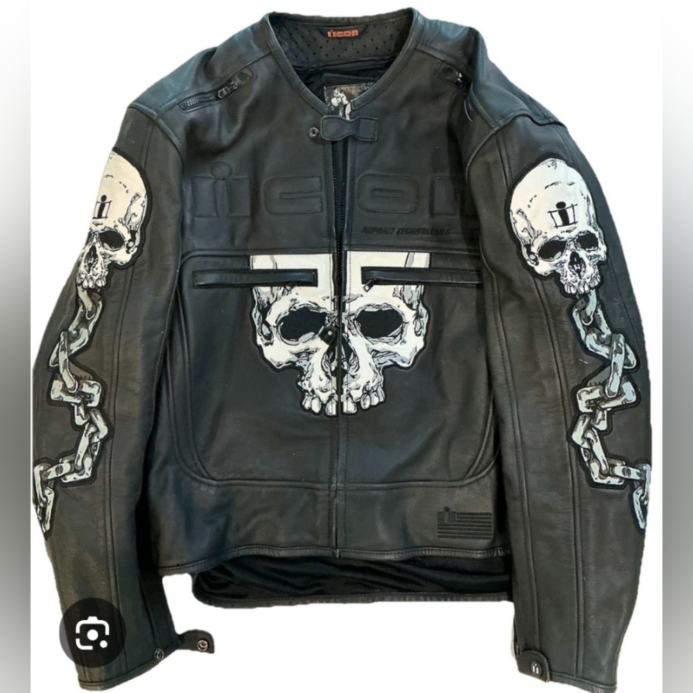 ICON Black Leather Jacket with Skull Design 2XL $800 OBO